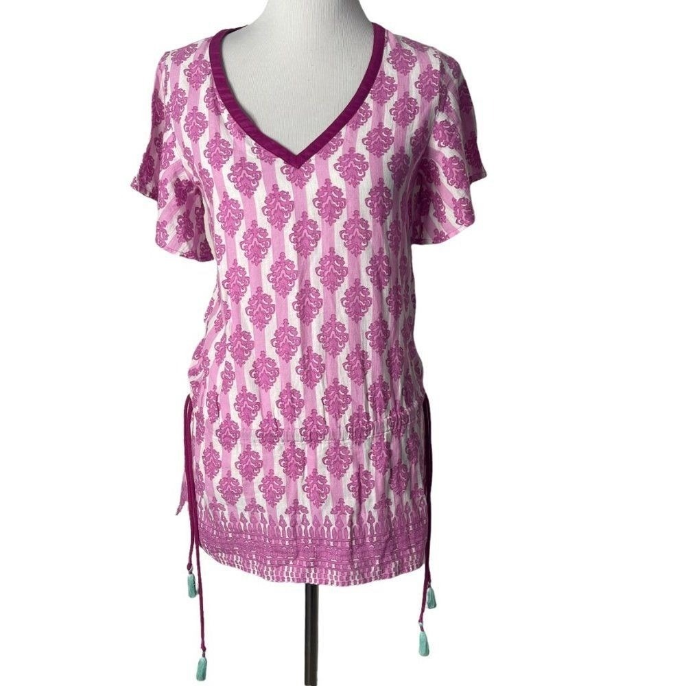 Vineyard Vines Resort Batik Tunic Swim Cover Up Tassel Drawstring XS Pink White